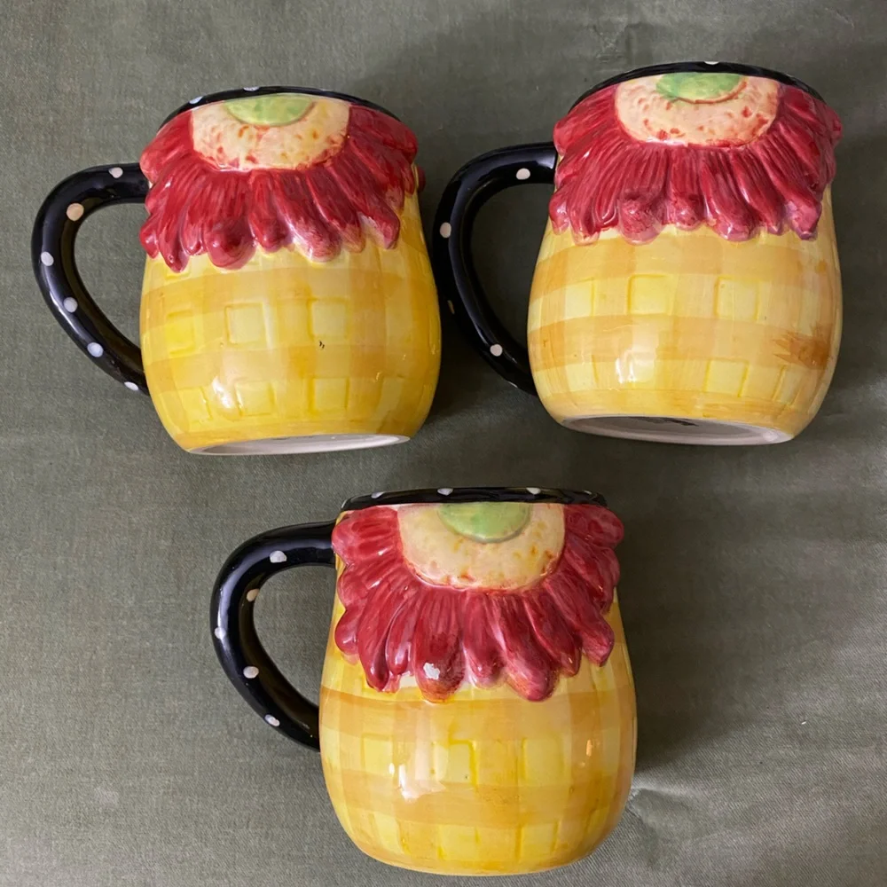 Pier 1 Imports mugs cup large checkered polka dot Sunflower lot of 3 UBM